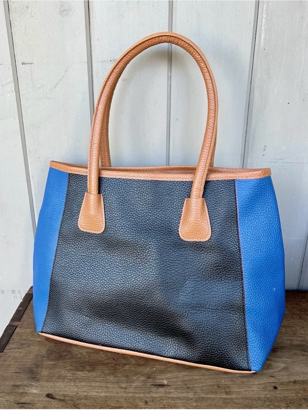 Neiman Marcus Faux-Leather
Tote Satchel Blue Black Color Block